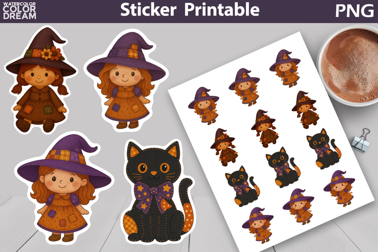 Patchwork Halloween Sticker | Cute Witch Black Cat Sticker