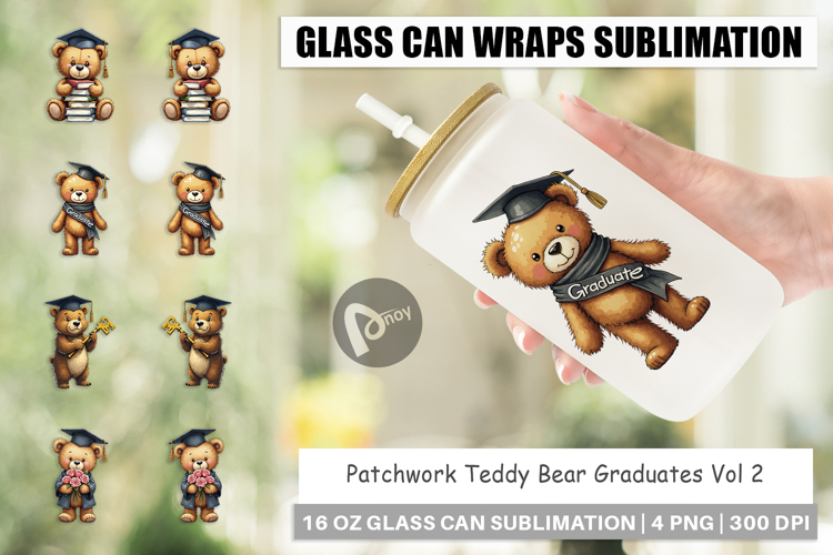 Patchwork Teddy Bear Grad Glass Can