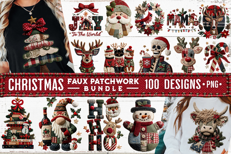 Christmas Patchwork Bundle 100 Designs PNGs Sublimation example image 1