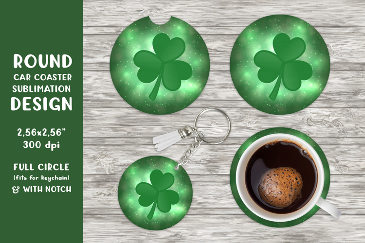 Patricks Day car coaster sublimation. Green round coaster 01