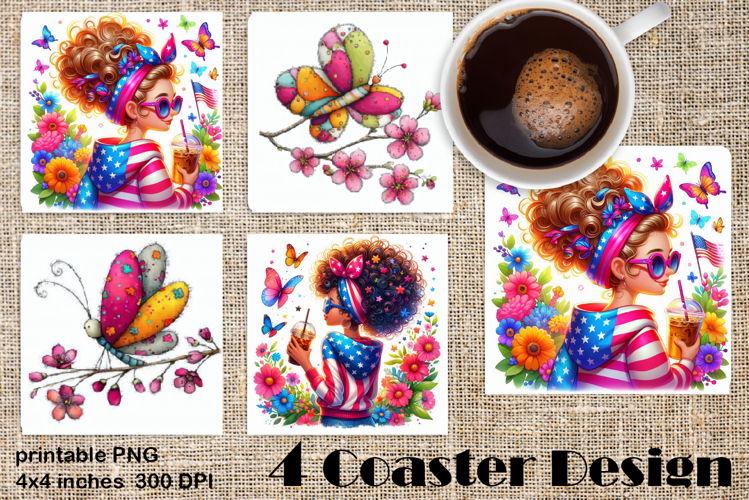 4 of July Patriotic girl, American Flag square coasters