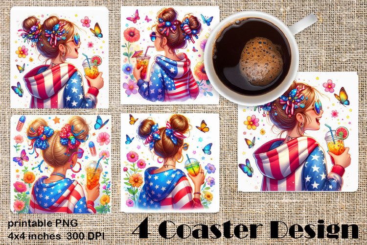 4 of July Patriotic girl, American Flag square coasters