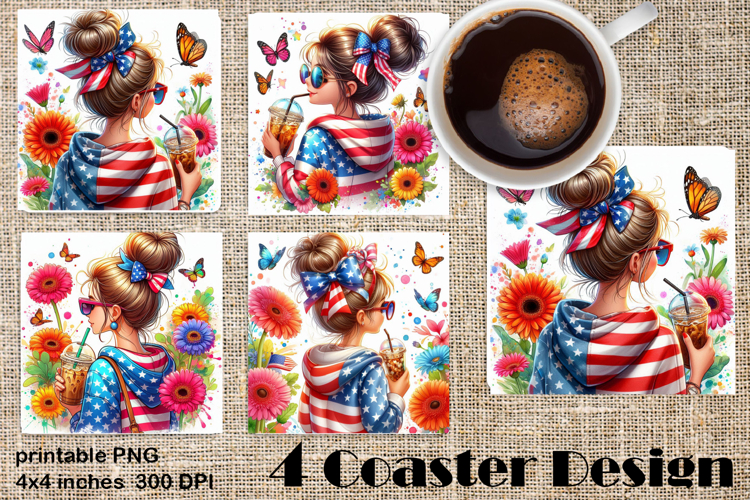 4 of July Patriotic girl, American Flag square coasters