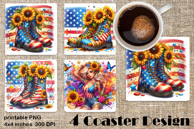 4 of July Patriotic girl, American Flag square coasters