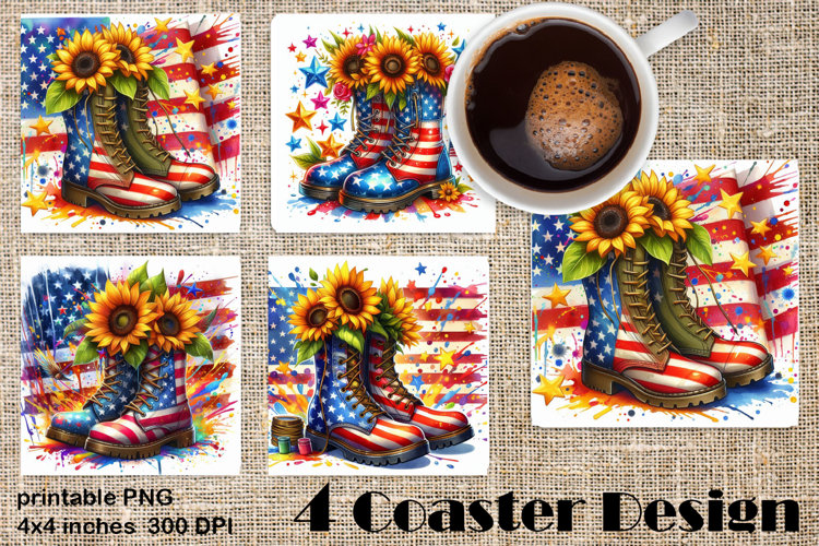 4 of July Patriotic girl, American Flag square coasters