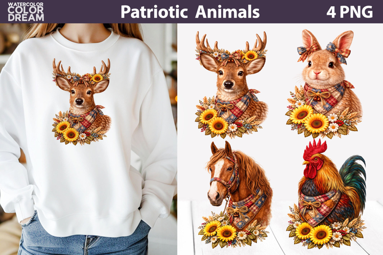 Patriotic Deer Bunny Horse Rooster | Farm Animal PNG