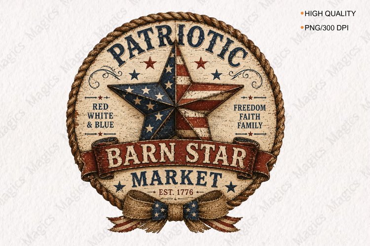 Patriotic Barn Star Market Vintage Americana Sign PNG