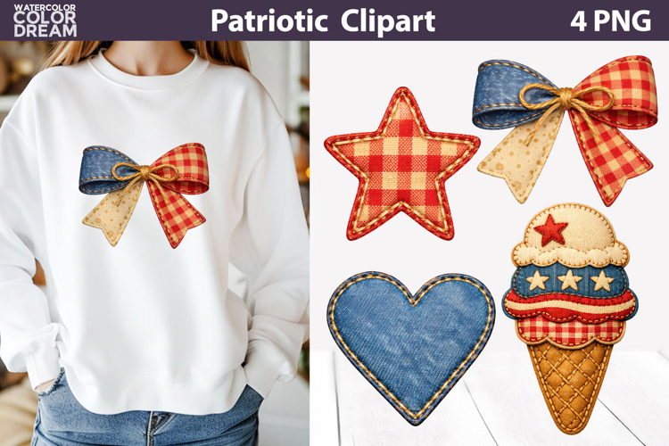 Patriotic Patchwork Clipart | Bow Star Heart Ice Cream