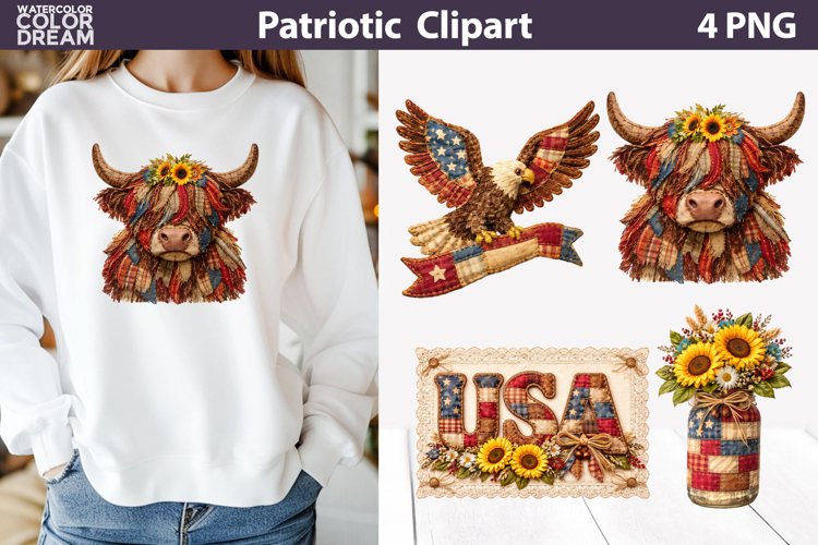Patriotic Farm Animal Clipart | Highland Cow Eagle USA