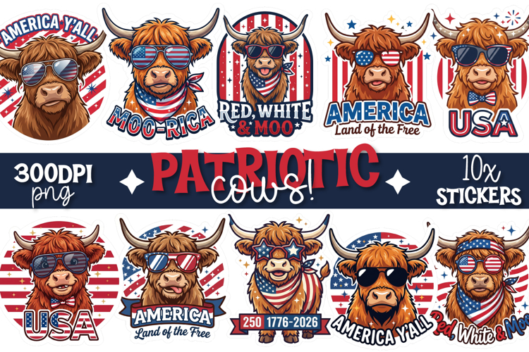 Patriotic Highland Cow Stickers 10x Designs Transparent PNGs