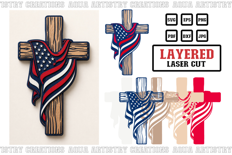 Patriotic Cross with Flag Multilayered SVG Laser Cut Design