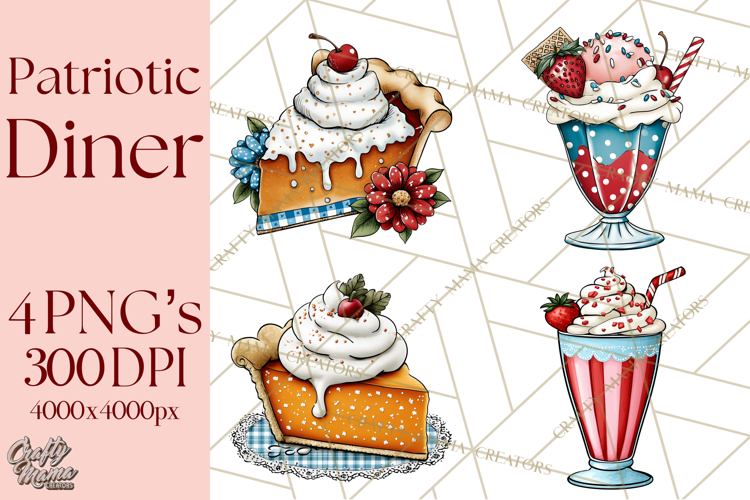 4th of July Retro Diner Clipart, Patriotic Americana Diner