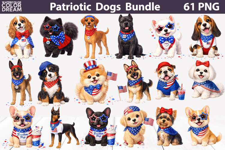 Patriotic Dogs Clipart Bundle | 4th of July PNG