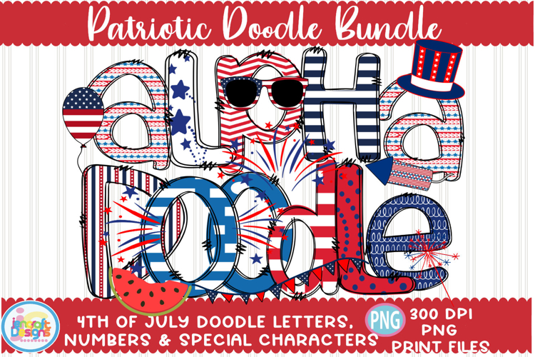 Patriotic Doodle Alphabet PNG Bundle, 4th of July Letters example image 1