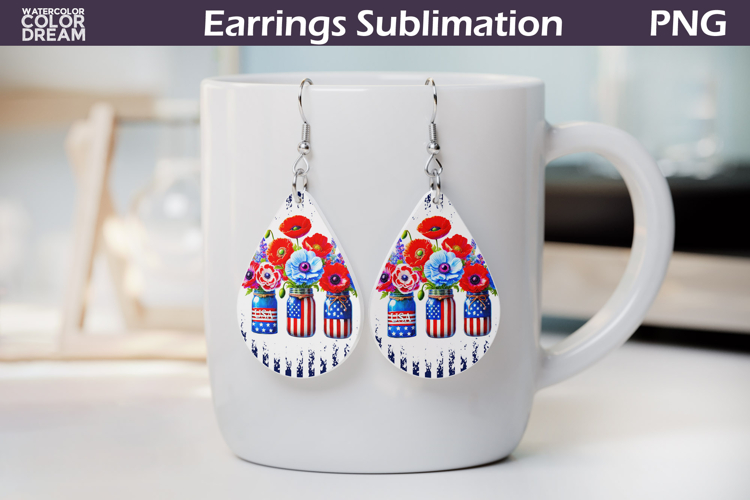 Memorial Day Earrings | Patriotic Poppy Teardrop Sublimation