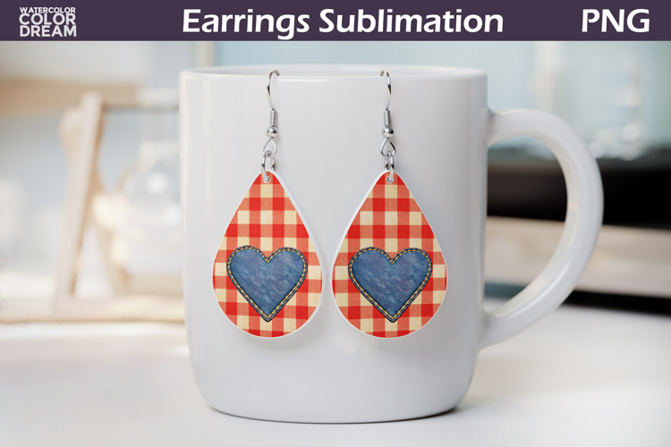Denim Heart Plaid Earrings Design | Rustic Sublimation PNG