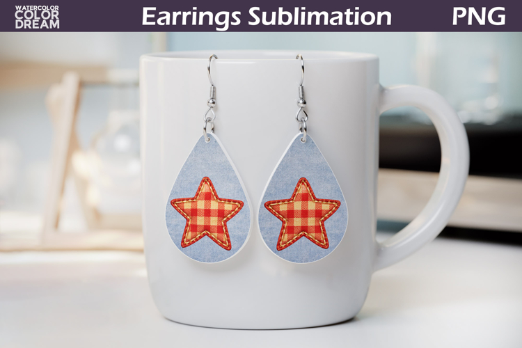 Denim Gingham Star Earrings | Country Teardrop Sublimation
