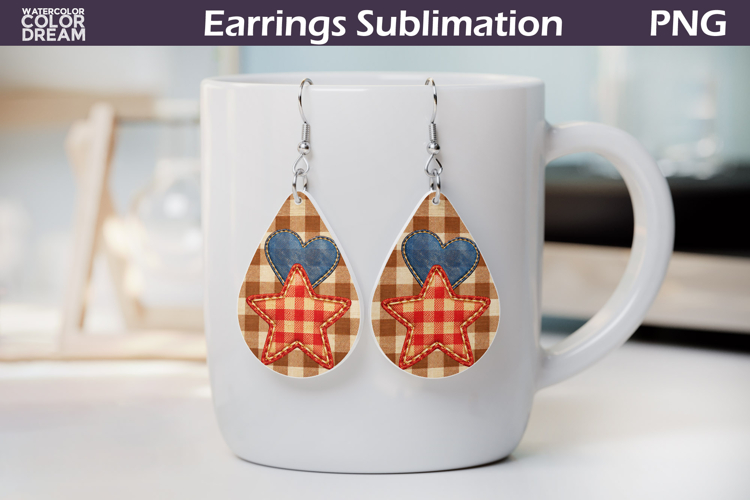 Gingham Star Denim Heart Earrings | Rustic Teardrop Sublimat
