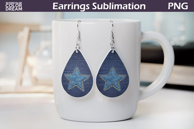 Denim Star Teardrop Earrings | Patriotic Sublimation Earring example image 1