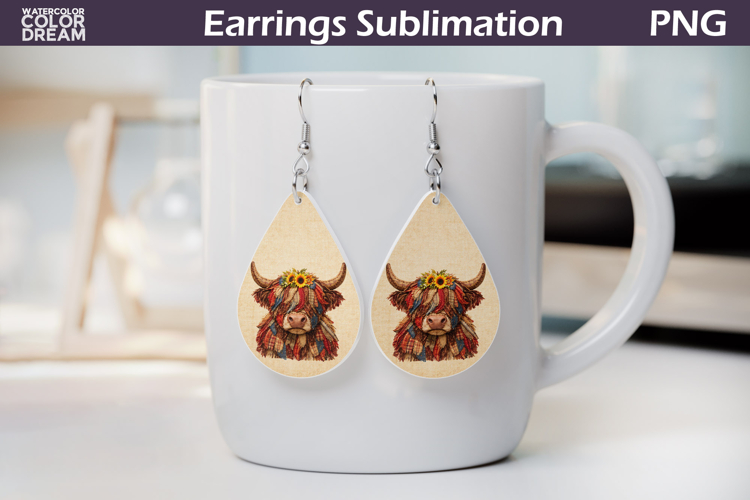Highland Cow Earrings | Patriotic Teardrop Sublimation