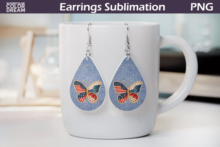 Patriotic Butterfly Teardrop Earrings | Rustic Denim Earring example image 1