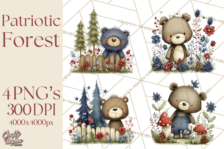 Patriotic Woodland Clipart, Whimsical Red White Blue Forest