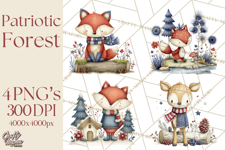 Patriotic Woodland Clipart, Whimsical Red White Blue Forest