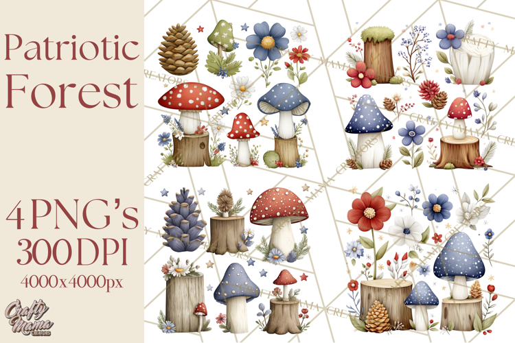 Patriotic Woodland Clipart, Whimsical Red White Blue Forest
