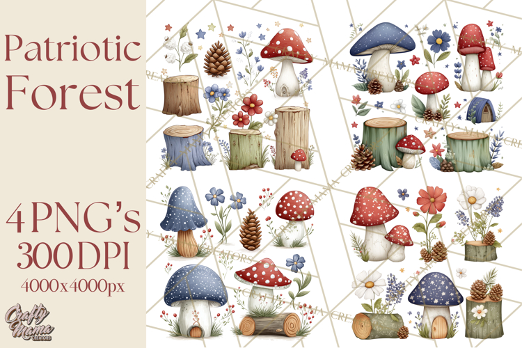 Patriotic Woodland Clipart, Whimsical Red White Blue Forest