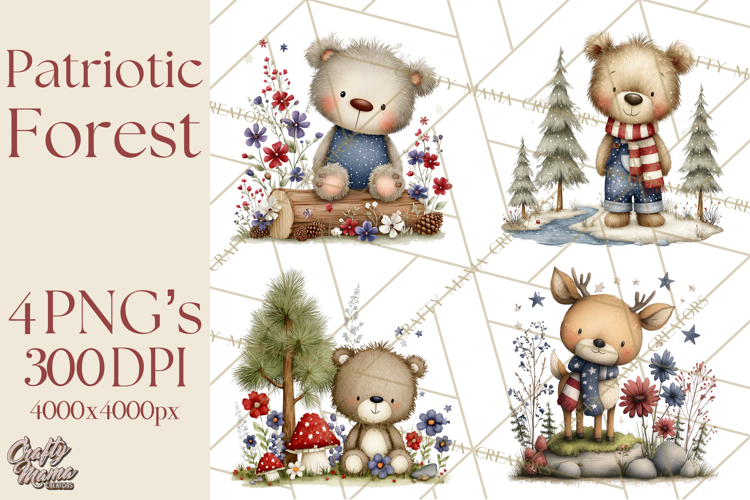 Patriotic Woodland Clipart, Whimsical Red White Blue Forest