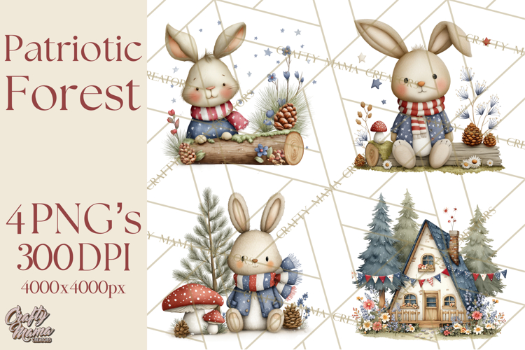 Patriotic Woodland Clipart, Whimsical Red White Blue Forest