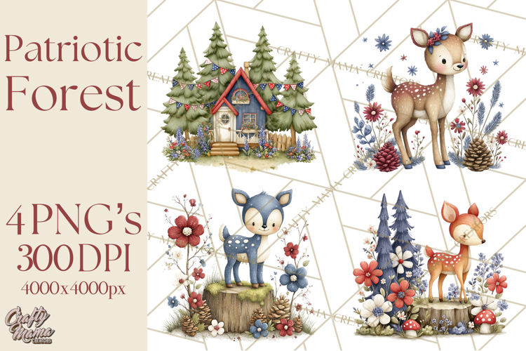 Patriotic Woodland Clipart, Whimsical Red White Blue Forest
