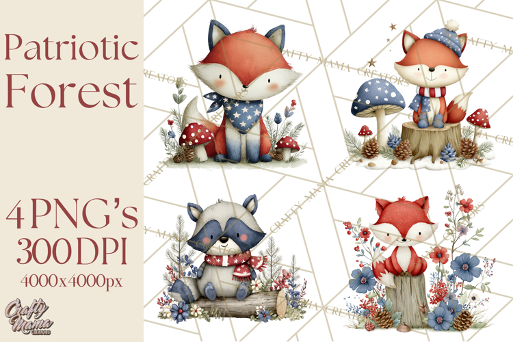 Patriotic Woodland Clipart, Whimsical Red White Blue Forest