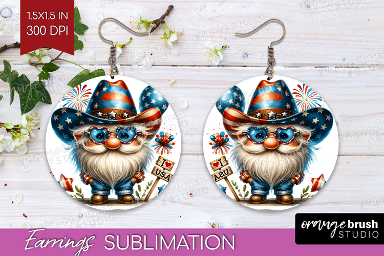 4th Of July Gnome Round Earrings - Patriotic PNG Sublimation
