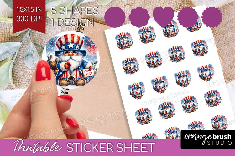 4th Of July Gnome Round Sticker - Patriotic Printable Sheet
