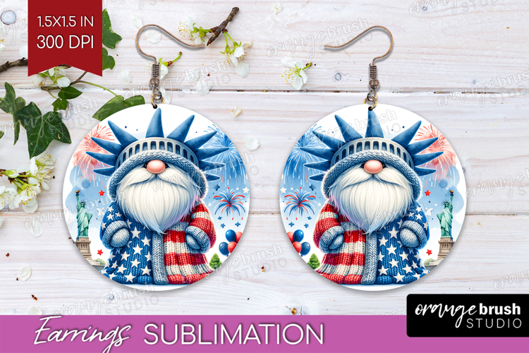 4th Of July Gnome Round Earrings - Patriotic PNG Sublimation