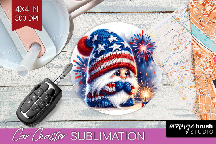 4th Of July Gnome Car Coaster - Patriotic Coaster PNG
