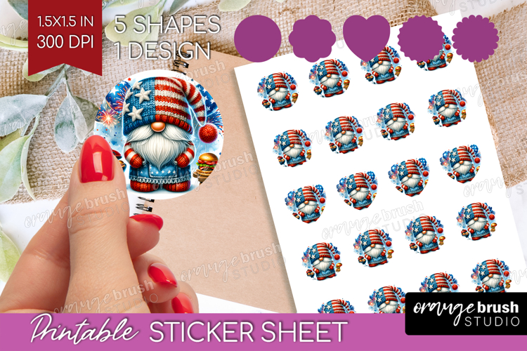 4th Of July Gnome Round Sticker - Patriotic Printable Sheet
