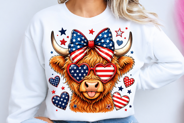 Patriotic Highland Cow Sublimation PNG
