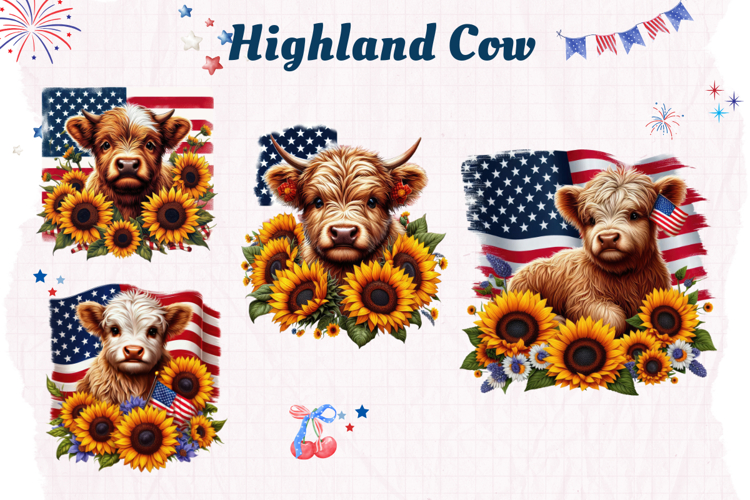 Patriotic Highland Cows Clipart USA Sunflower 4 of July PNG
