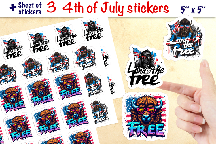 4th of July stickers, Bison Land of the quote, USA flag PNG