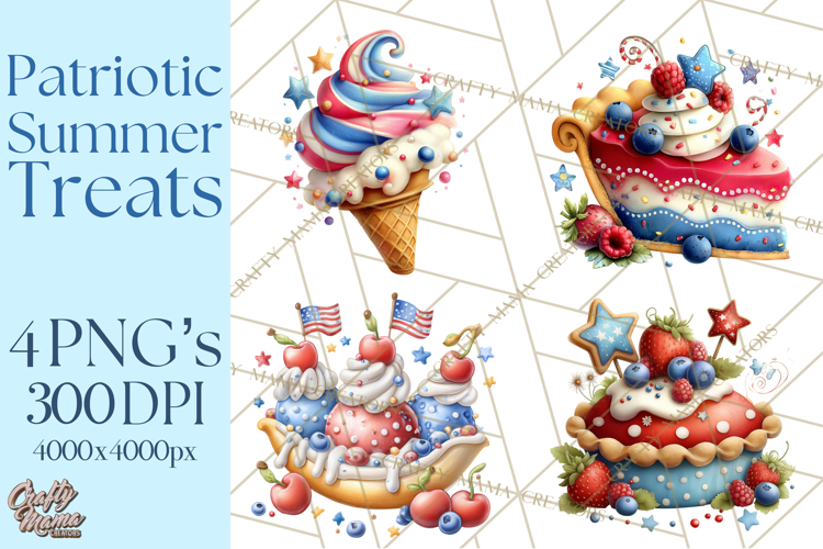 Patriotic Summer Treats Clipart, Red White Blue Whimsical