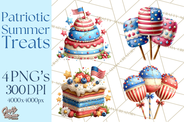Patriotic Summer Treats Clipart, Red White Blue Whimsical