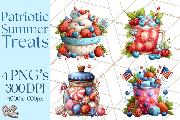 Patriotic Summer Treats Clipart, Red White Blue Whimsical