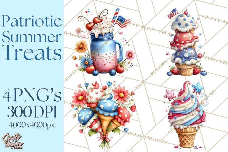 Patriotic Summer Treats Clipart, Red White Blue Whimsical