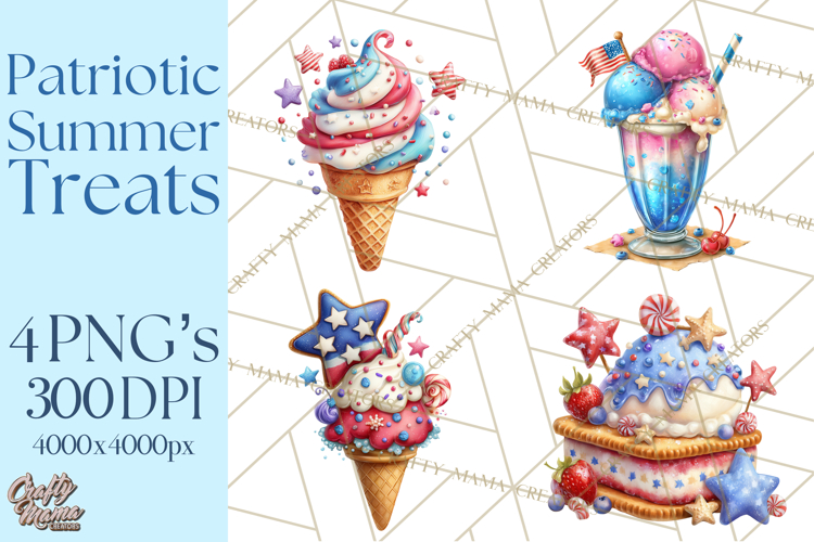 Patriotic Summer Treats Clipart, Red White Blue Whimsical