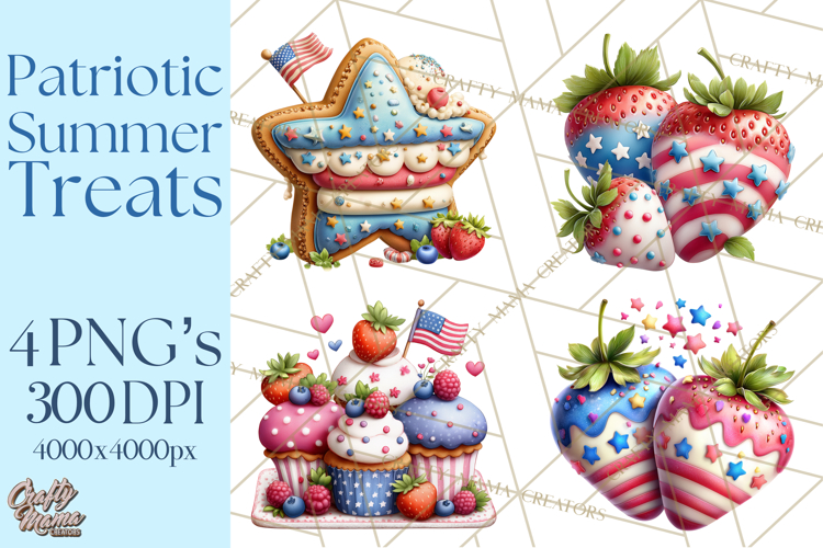 Patriotic Summer Treats Clipart, Red White Blue Whimsical