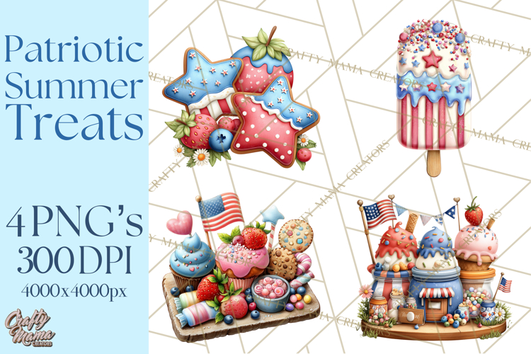 Patriotic Summer Treats Clipart, Red White Blue Whimsical
