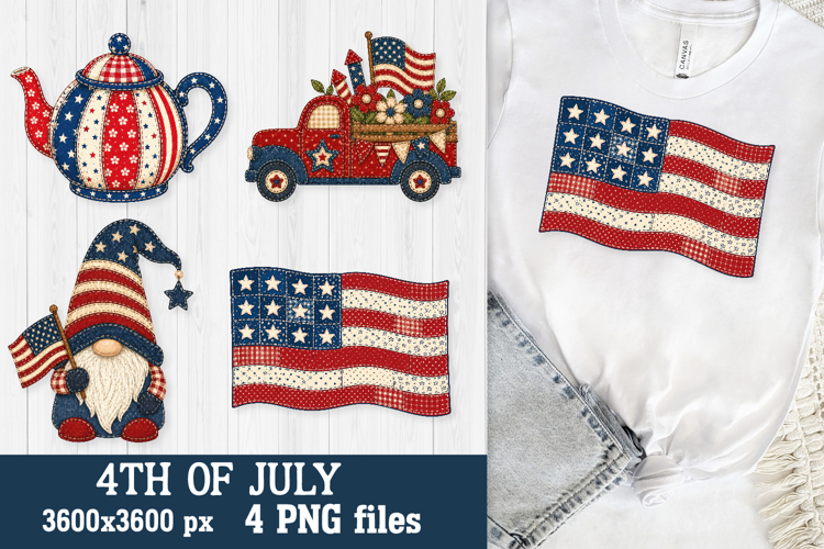 Patriotic Teapot   Gnome 4th of July Patchwork PNG Files