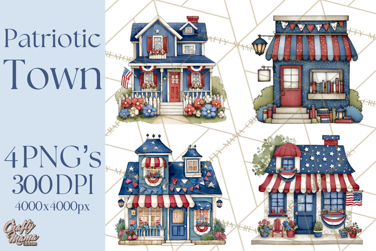 Patriotic Town Clipart, 4th of July Houses and Shops Png